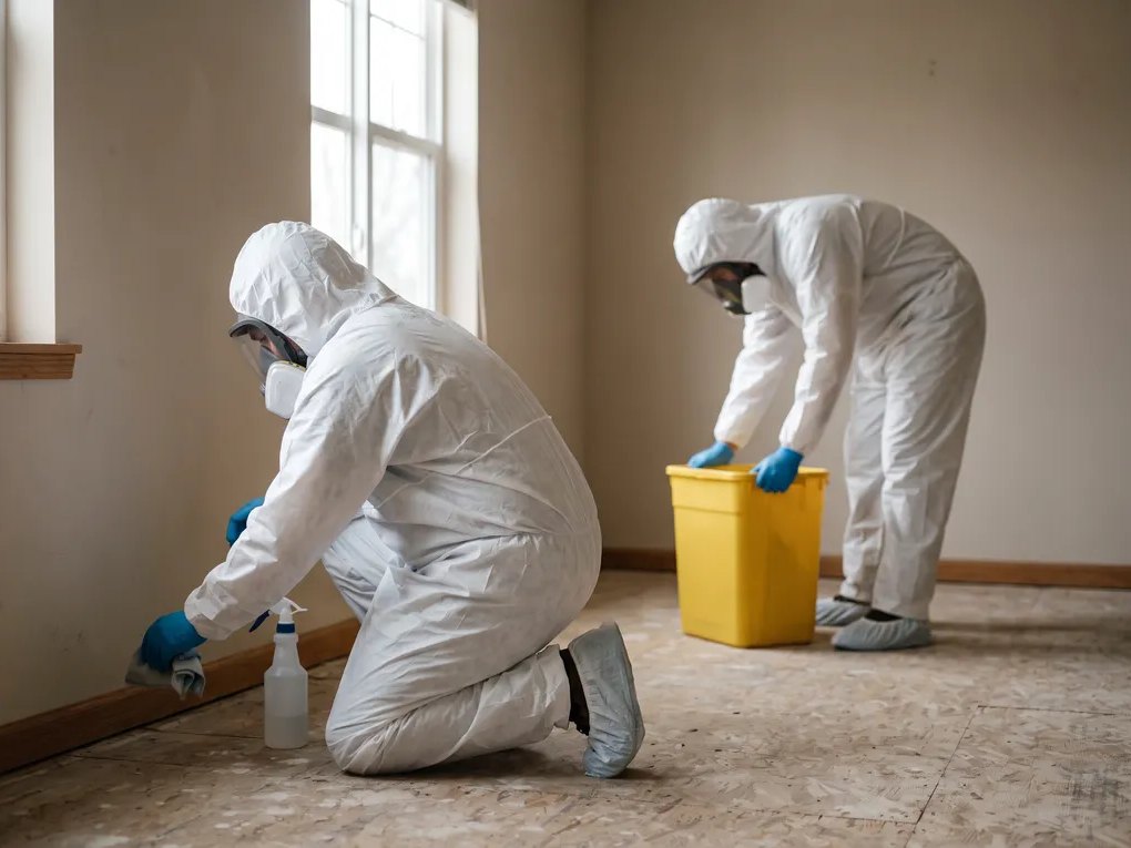 Apex technicians in protective coveralls and respirators carrying out biohazard remediation inside a cleared residential room
