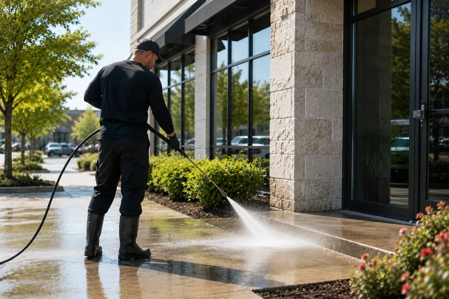 Apex technician pressure washing the walkway outside a commercial storefront