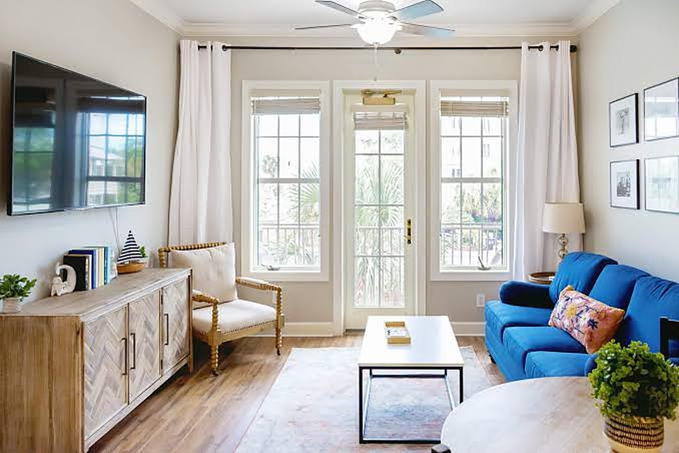 Bright, guest-ready short-term rental living room after an Apex turnover clean