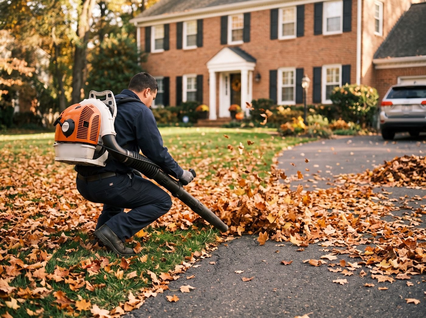 Apex Property Solutions crew member clearing autumn leaves from a Maryland front yard