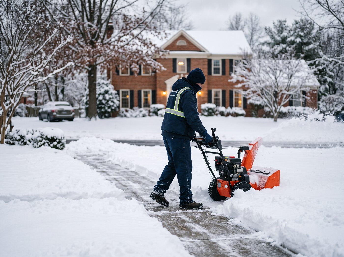 Snow being cleared from a residential driveway and walkway in Central Maryland