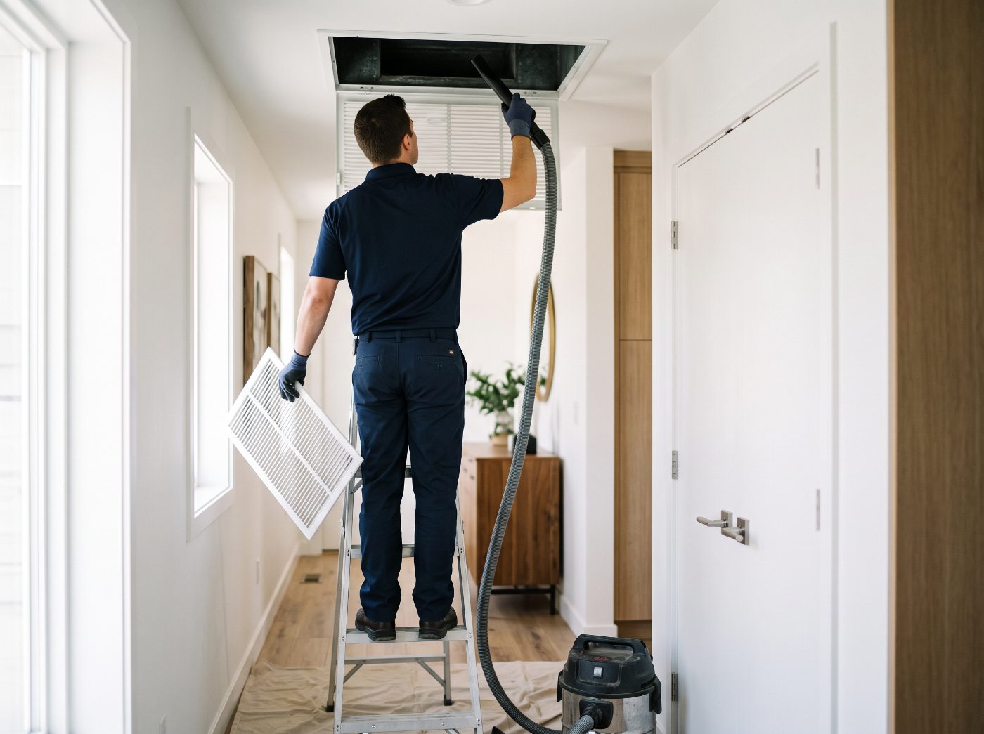 Technician cleaning an interior air vent and return duct inside a home